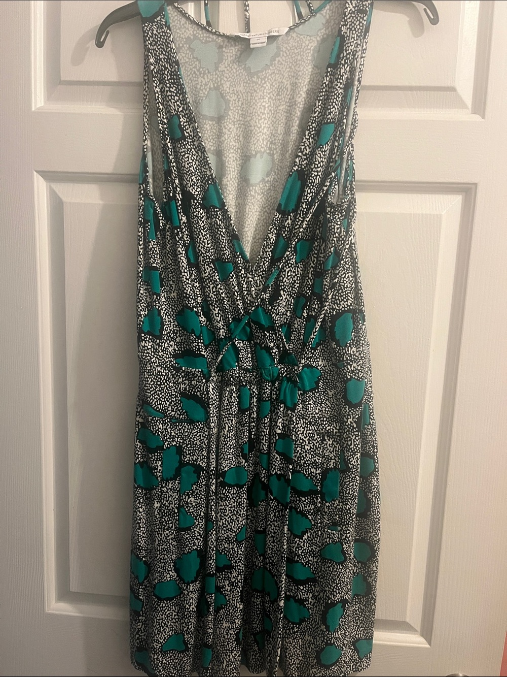 Diane Von Furstenberg Teal and Black Abstract Wrap Midi Dress